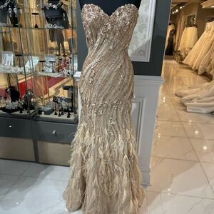 Stephen Yearick Custom Gown, Size 14, Champagne Beaded with Feathers